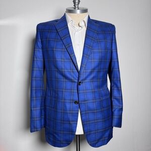 Tom James Men's‎ Blue Plaid Wool Blend Blazer Jacket Executive Collection 44R